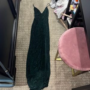 Green velvet patterned long prom dress